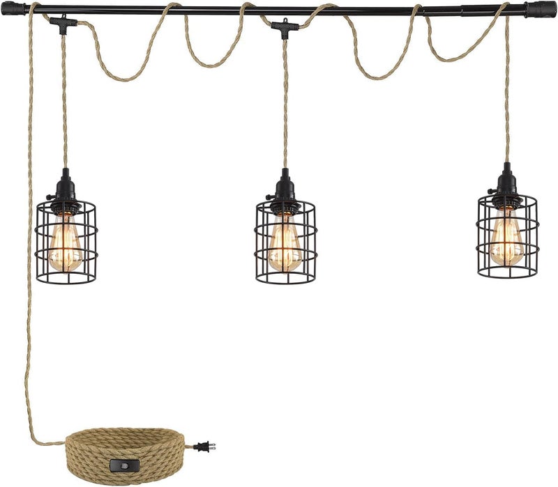 KENMI 3-Light Hanging Light with Plug in Cord,Plug in Pendant Light 22ft Hemp Rope Pendant Lighting Vintage 3-Light Hanging Lamp Fixtures for Kitchen Island Living Room Bedroom - Image 1